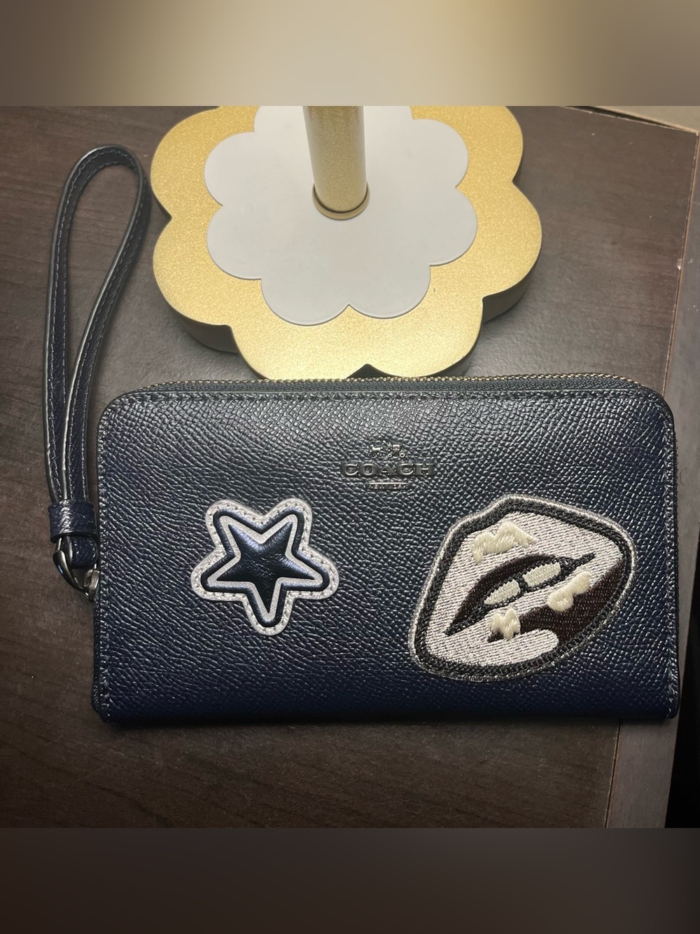 Coach RARE Navy Leather Zip-Around Wristlet Wallet with Patch Appliqués “REHAB”